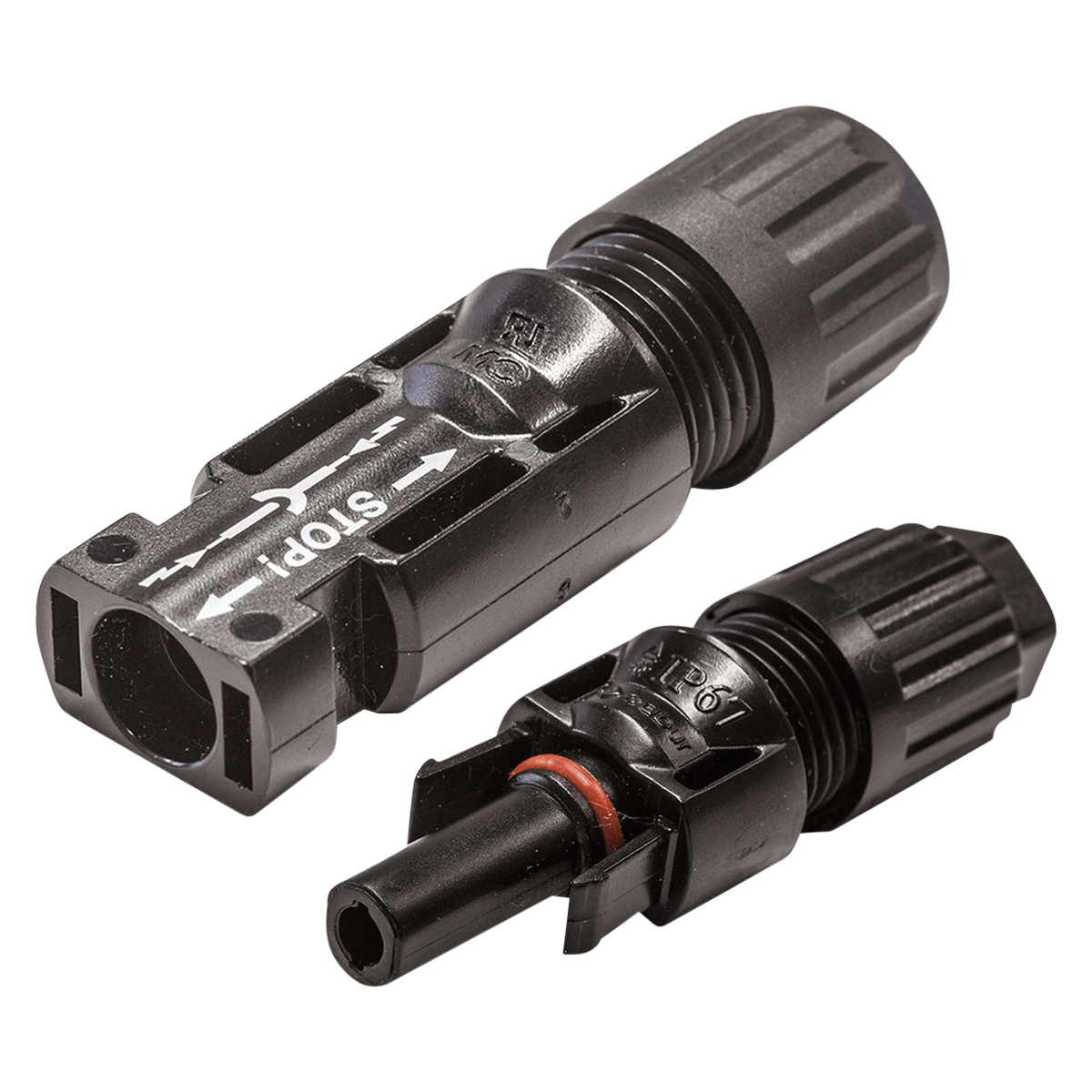 Single pin waterproof positive and negative connectors with terminals and seals.
